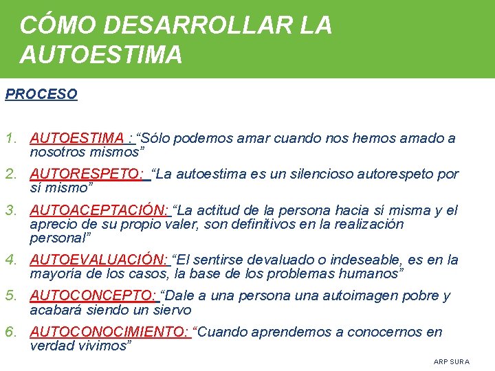 CÓMO DESARROLLAR LA AUTOESTIMA PROCESO 1. AUTOESTIMA : “Sólo podemos amar cuando nos hemos