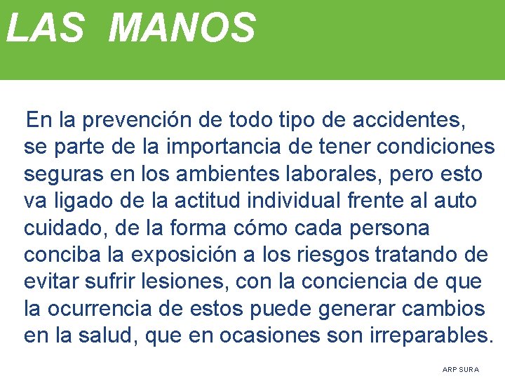 LAS MANOS En la prevención de todo tipo de accidentes, se parte de la