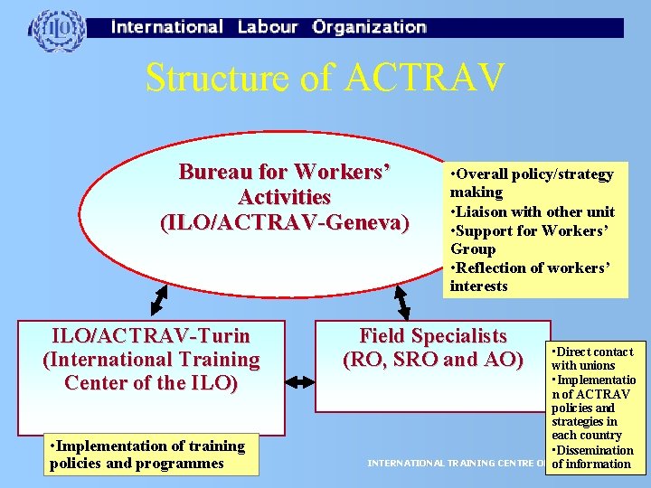 Structure of ACTRAV Bureau for Workers’ Activities (ILO/ACTRAV-Geneva) ILO/ACTRAV-Turin (International Training Center of the