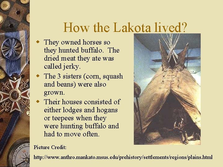 How the Lakota lived? w They owned horses so they hunted buffalo. The dried
