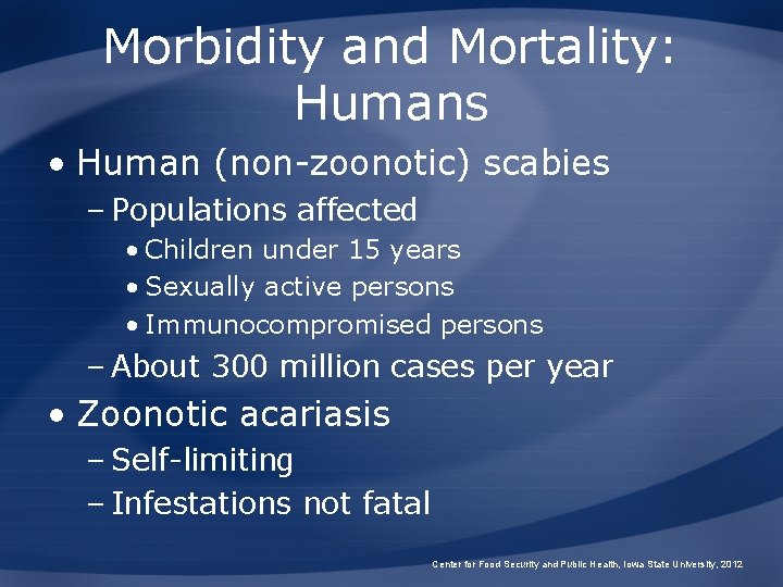 Morbidity and Mortality: Humans • Human (non-zoonotic) scabies – Populations affected • Children under