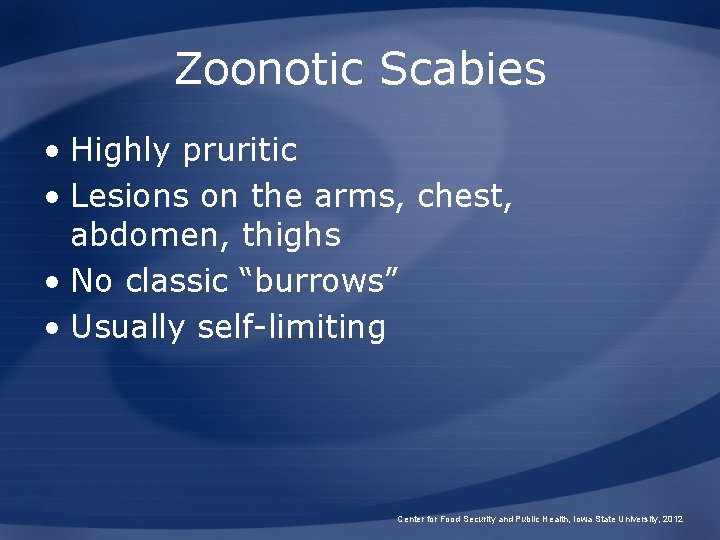 Zoonotic Scabies • Highly pruritic • Lesions on the arms, chest, abdomen, thighs •