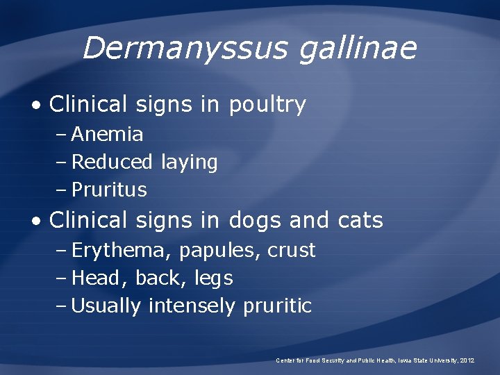 Dermanyssus gallinae • Clinical signs in poultry – Anemia – Reduced laying – Pruritus