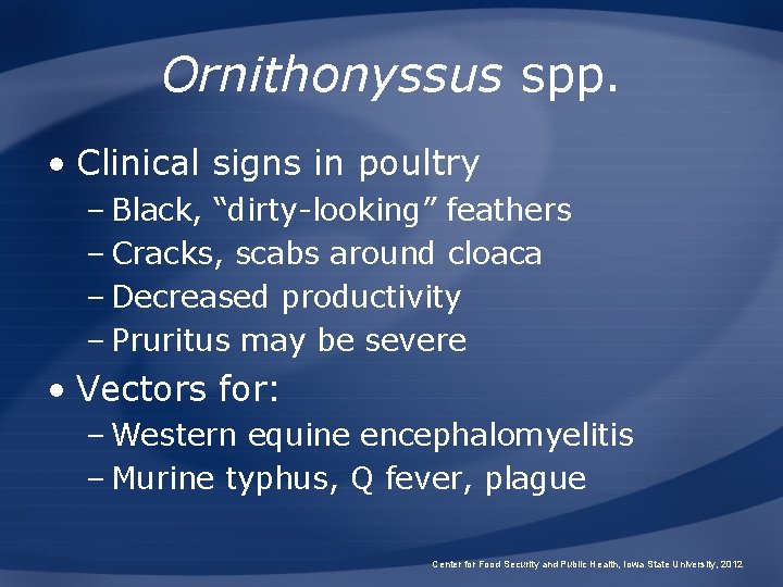 Ornithonyssus spp. • Clinical signs in poultry – Black, “dirty-looking” feathers – Cracks, scabs