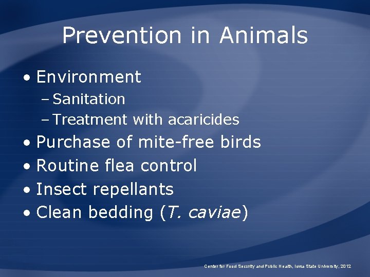 Prevention in Animals • Environment – Sanitation – Treatment with acaricides • Purchase of