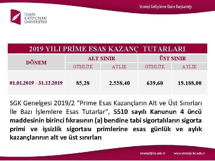 2019 YILI PRİME ESAS KAZANÇ TUTARLARI DÖNEM 01. 2019 - 31. 12. 2019 ALT