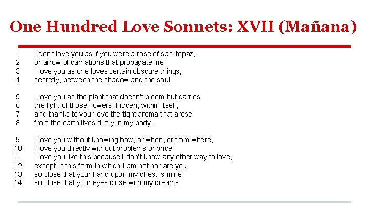 One Hundred Love Sonnets: XVII (Mañana) 1 2 3 4 I don’t love you