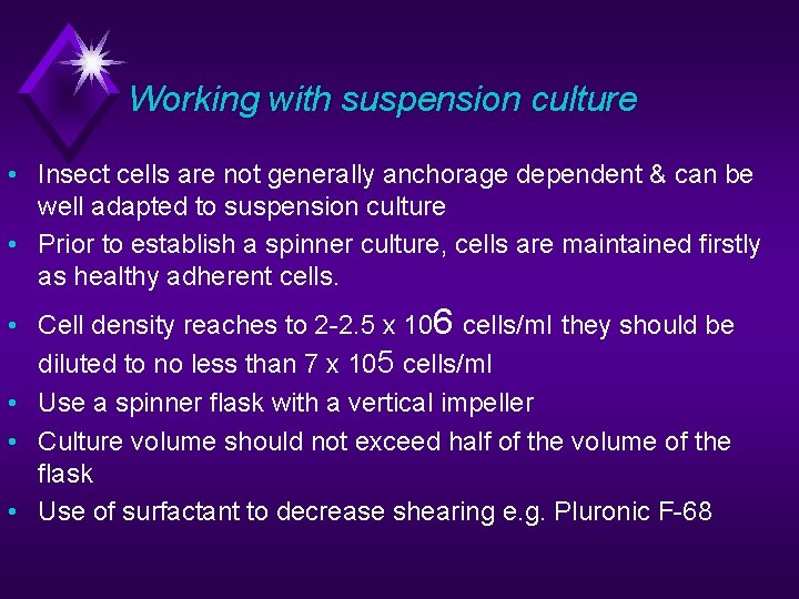 Working with suspension culture • Insect cells are not generally anchorage dependent & can