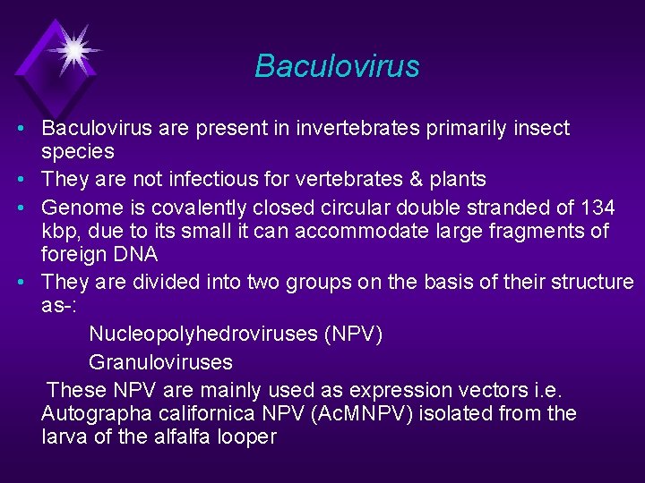 Baculovirus • Baculovirus are present in invertebrates primarily insect species • They are not