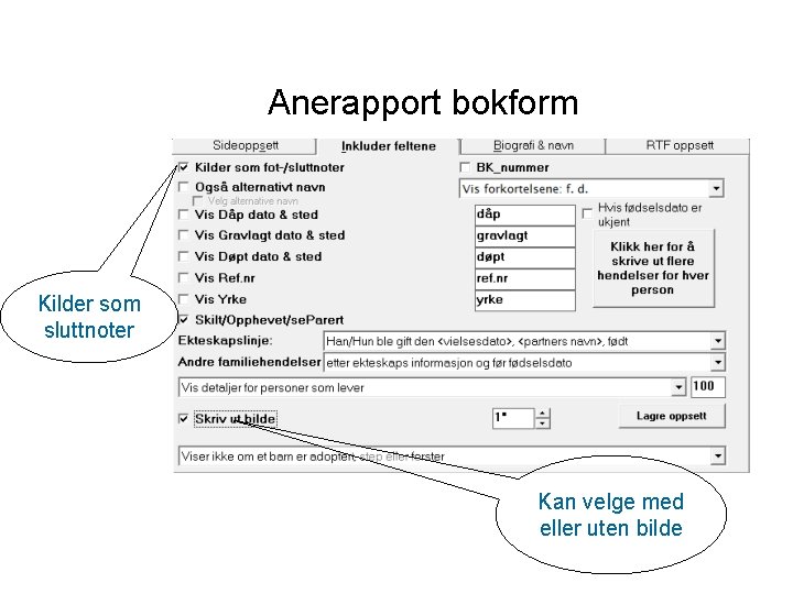 Anerapport bokform Kilder som sluttnoter Kan velge med eller uten bilde 