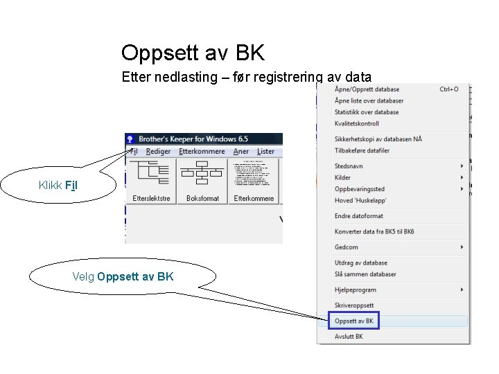 Oppsett av BK Etter nedlasting – før registrering av data Klikk Fil Velg Oppsett