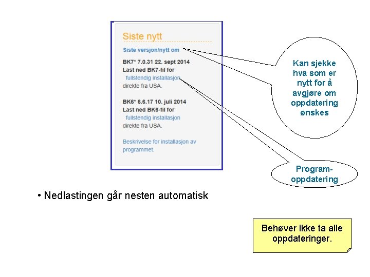 Kan sjekke hva som er nytt for å avgjøre om oppdatering ønskes Programoppdatering •