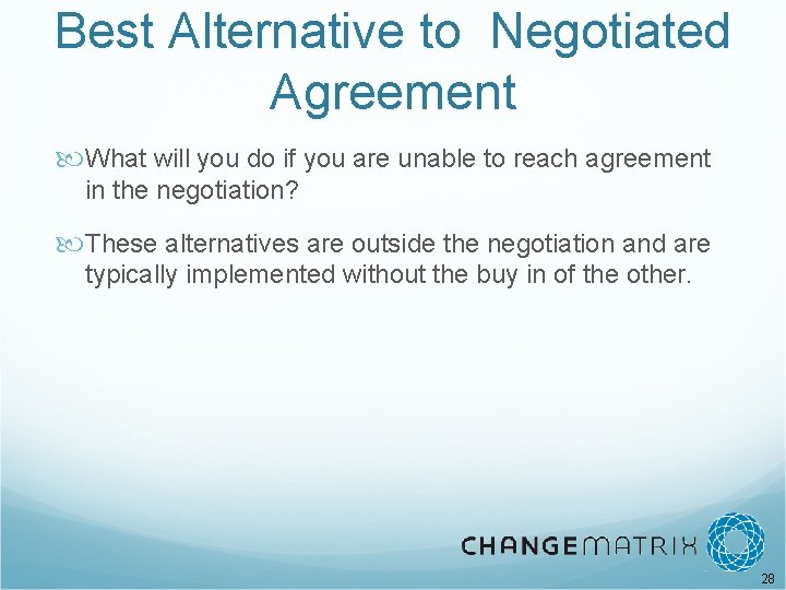 Best Alternative to Negotiated Agreement What will you do if you are unable to