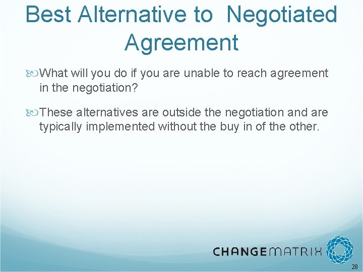 Best Alternative to Negotiated Agreement What will you do if you are unable to