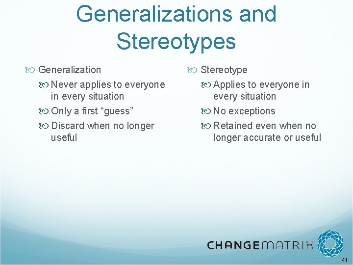 Generalizations and Stereotypes Generalization Never applies to everyone in every situation Only a first