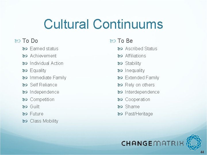 Cultural Continuums To Do To Be Earned status Achievement Individual Action Equality Immediate Family