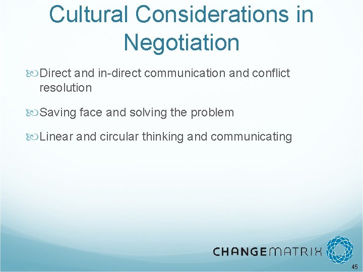 Cultural Considerations in Negotiation Direct and in-direct communication and conflict resolution Saving face and