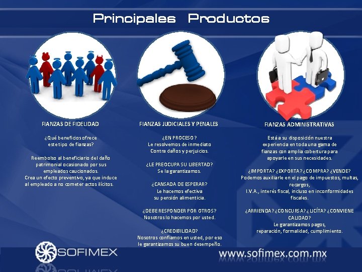 Principales Productos FIANZAS DE FIDELIDAD FIANZAS JUDICIALES Y PENALES FIANZAS ADMINISTRATIVAS ¿Qué beneficios ofrece