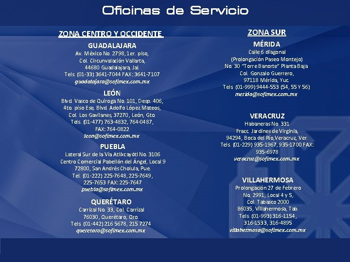 Oficinas de Servicio ZONA CENTRO Y OCCIDENTE ZONA SUR GUADALAJARA MÉRIDA Av. México No.