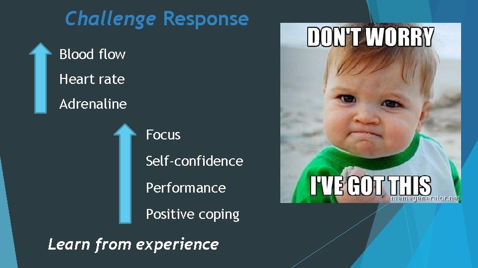 Challenge Response Blood flow Heart rate Adrenaline Focus Self-confidence Performance Positive coping Learn from