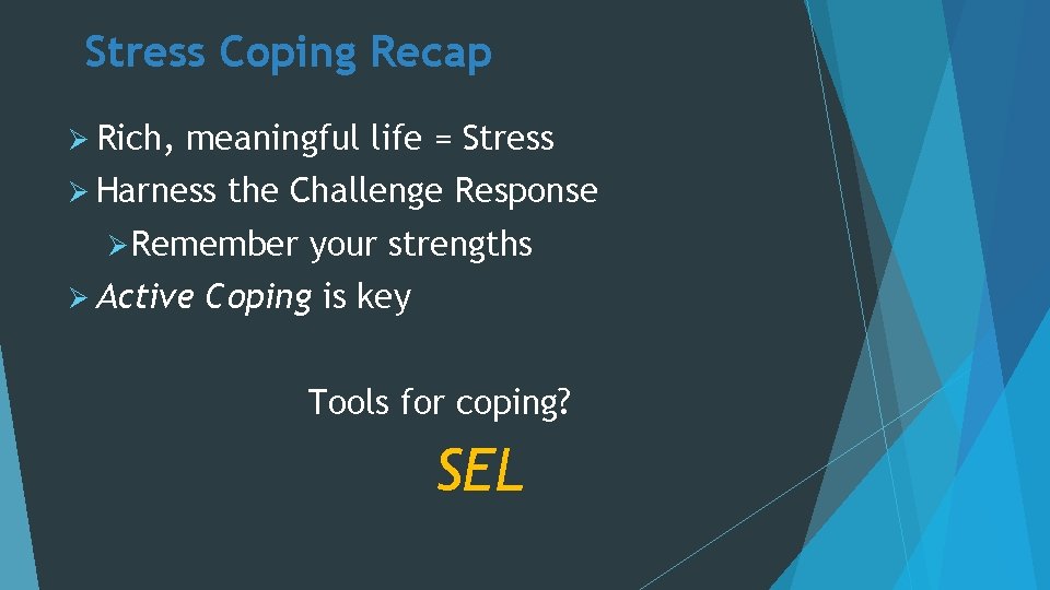 Stress Coping Recap Ø Rich, meaningful life = Stress Ø Harness the Challenge Response