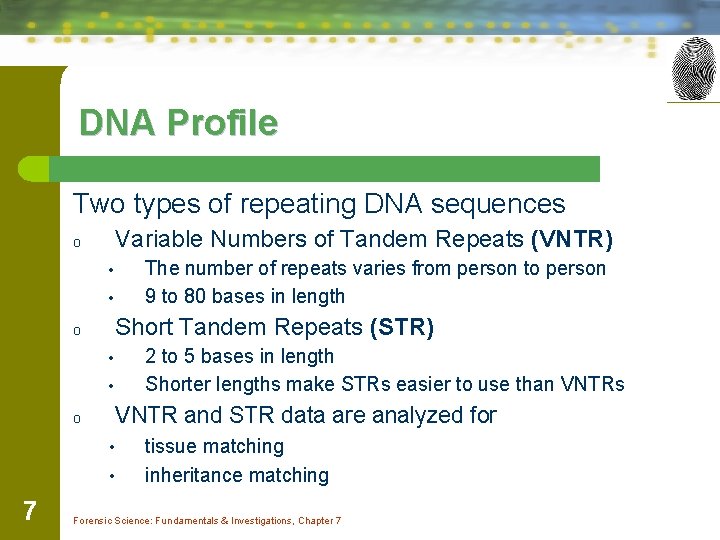 DNA Profile Two types of repeating DNA sequences Variable Numbers of Tandem Repeats (VNTR)