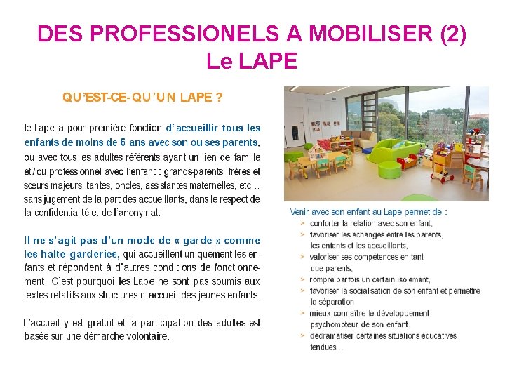 DES PROFESSIONELS A MOBILISER (2) Le LAPE 