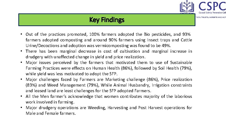 Key Findings • Out of the practices promoted, 100% farmers adopted the Bio pesticides,