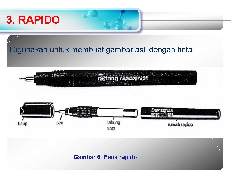 3. RAPIDO Digunakan untuk membuat gambar asli dengan tinta Gambar 6. Pena rapido 