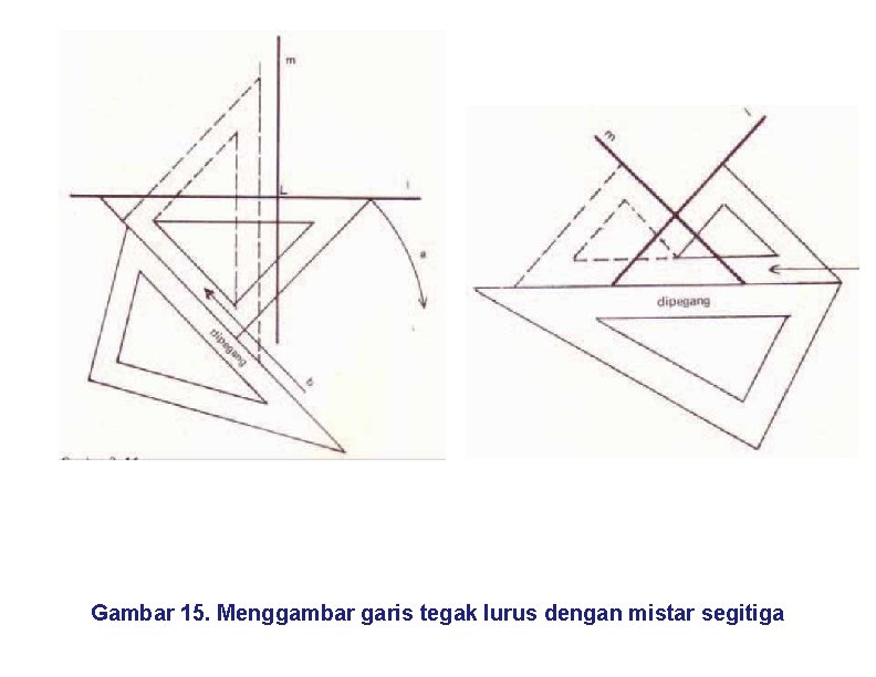 Gambar 15. Menggambar garis tegak lurus dengan mistar segitiga 