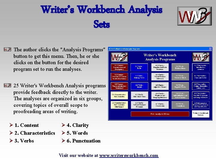 Writer’s Workbench Analysis Sets The author clicks the "Analysis Programs" button to get this