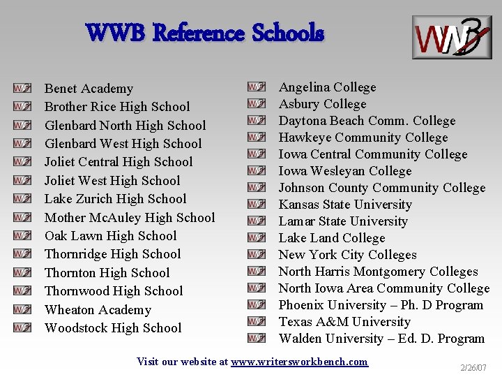 WWB Reference Schools Benet Academy Brother Rice High School Glenbard North High School Glenbard