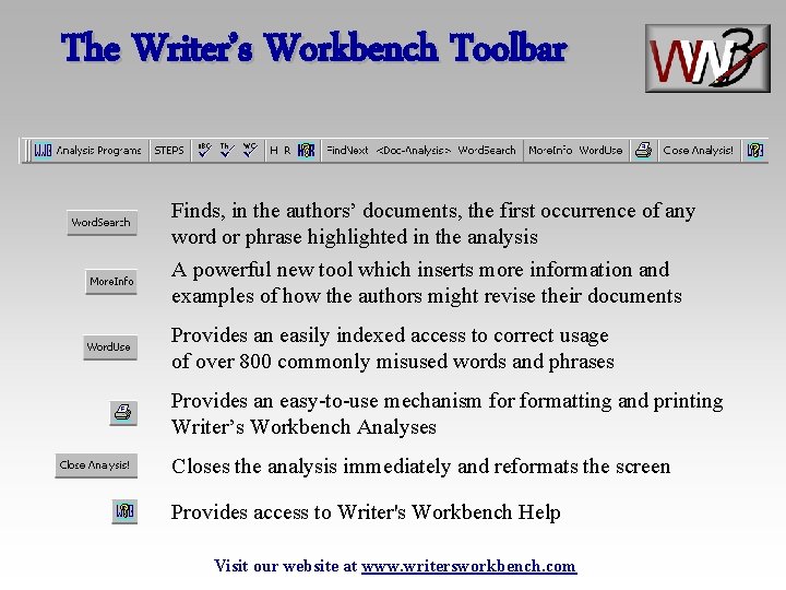 The Writer’s Workbench Toolbar Finds, in the authors’ documents, the first occurrence of any