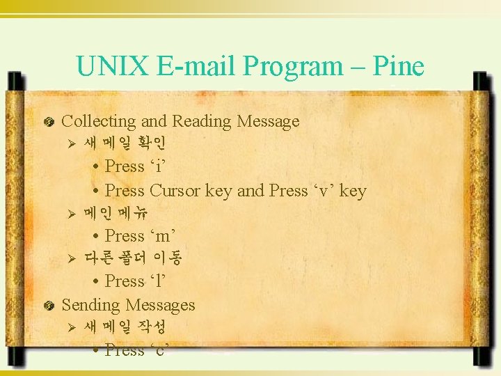 UNIX E-mail Program – Pine Collecting and Reading Message Ø 새 메일 확인 •