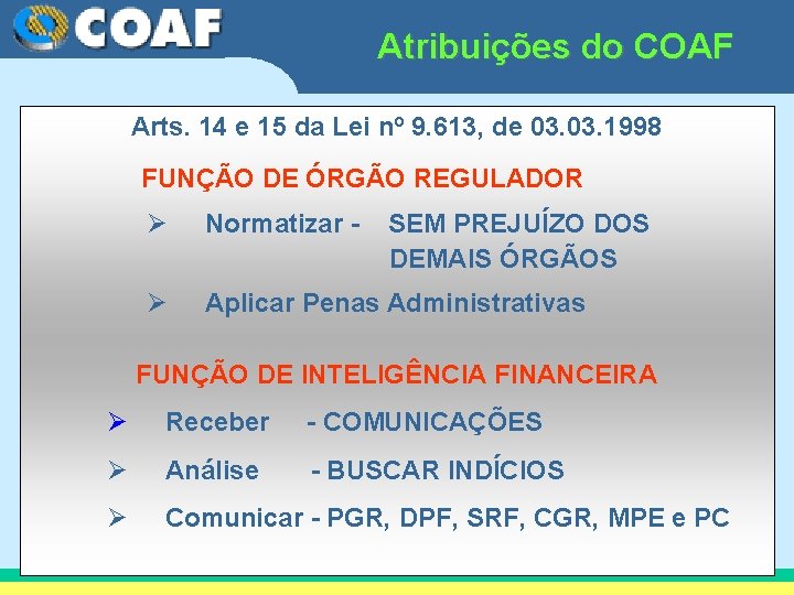 Atribuições do COAF Arts. 14 e 15 da Lei nº 9. 613, de 03.
