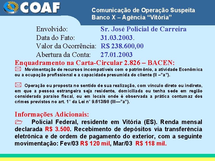 Comunicação de Operação Suspeita Banco X – Agência “Vitória” Envolvido: Sr. José Policial de
