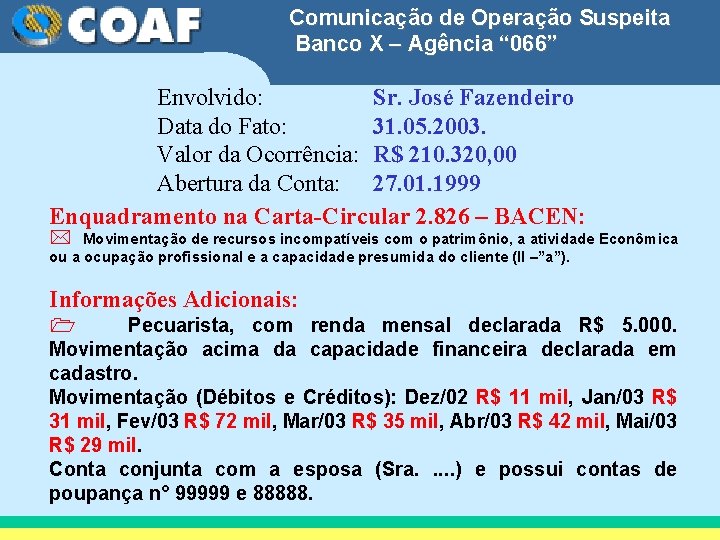 Comunicação de Operação Suspeita Banco X – Agência “ 066” Envolvido: Sr. José Fazendeiro