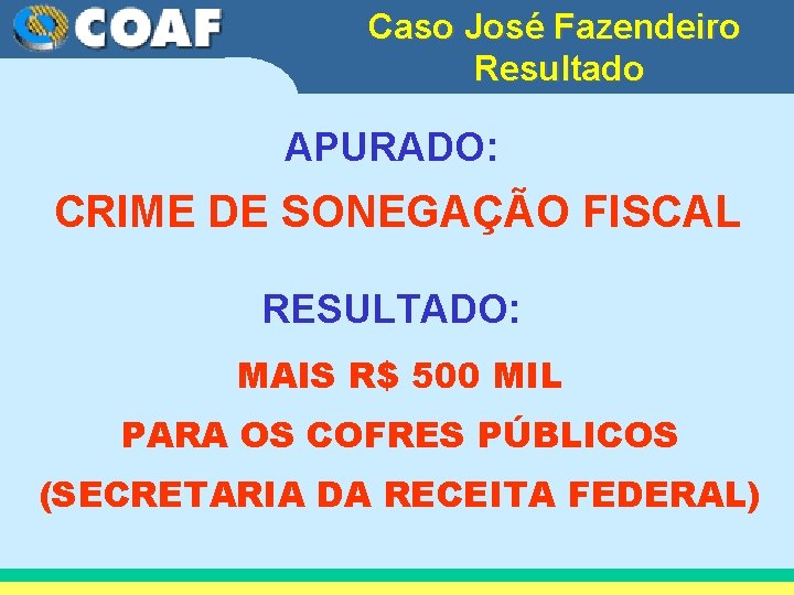 Caso José Fazendeiro Resultado APURADO: CRIME DE SONEGAÇÃO FISCAL RESULTADO: MAIS R$ 500 MIL