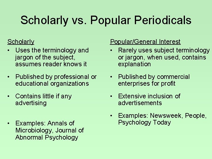 Scholarly vs. Popular Periodicals Scholarly • Uses the terminology and jargon of the subject,