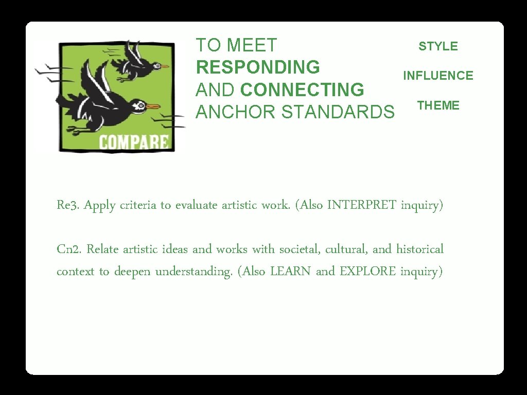 TO MEET RESPONDING AND CONNECTING ANCHOR STANDARDS STYLE INFLUENCE THEME Re 3. Apply criteria