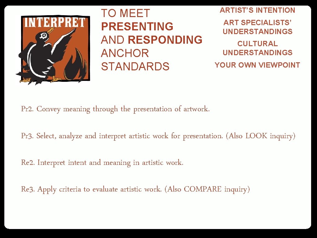 TO MEET PRESENTING AND RESPONDING ANCHOR STANDARDS ARTIST’S INTENTION ART SPECIALISTS’ UNDERSTANDINGS CULTURAL UNDERSTANDINGS