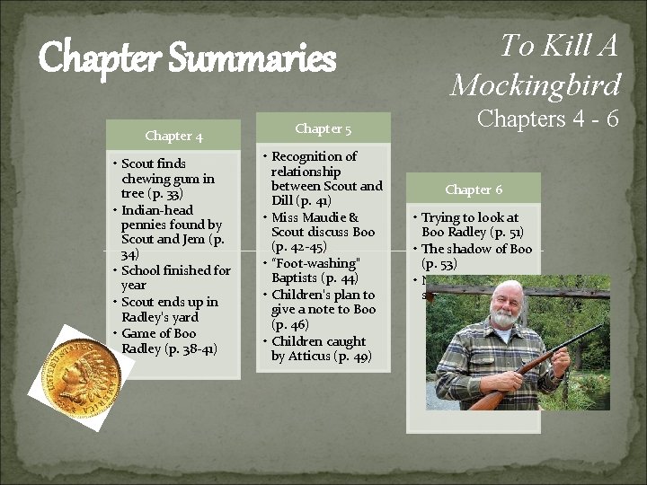 Chapter Summaries Chapter 4 • Scout finds chewing gum in tree (p. 33) •