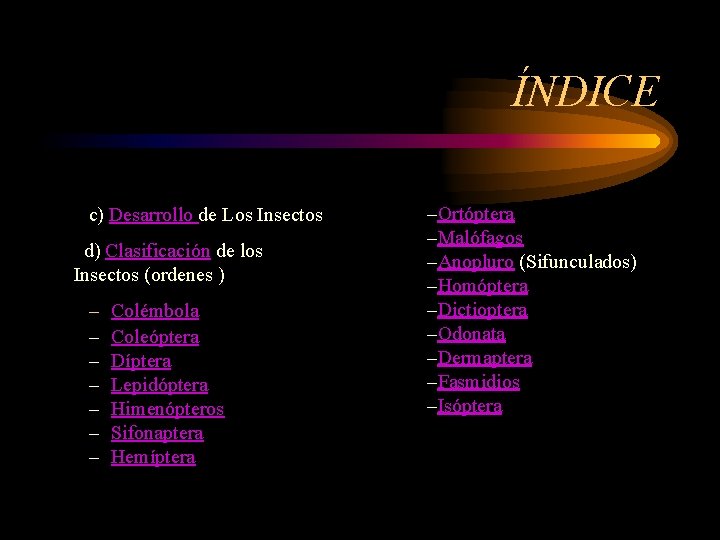 ÍNDICE c) Desarrollo de Los Insectos d) Clasificación de los Insectos (ordenes ) –