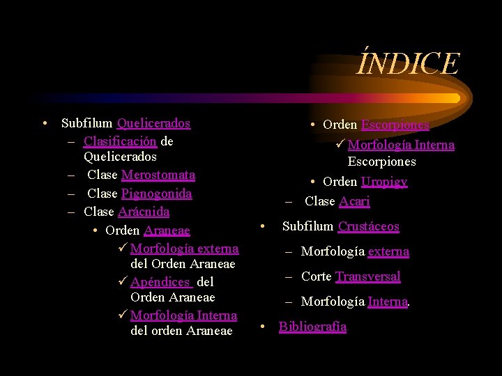 ÍNDICE • Subfilum Quelicerados – Clasificación de Quelicerados – Clase Merostomata – Clase Pignogonida