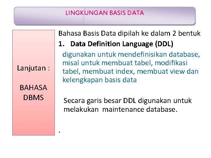 LINGKUNGAN BASIS DATA Lanjutan : BAHASA DBMS Bahasa Basis Data dipilah ke dalam 2