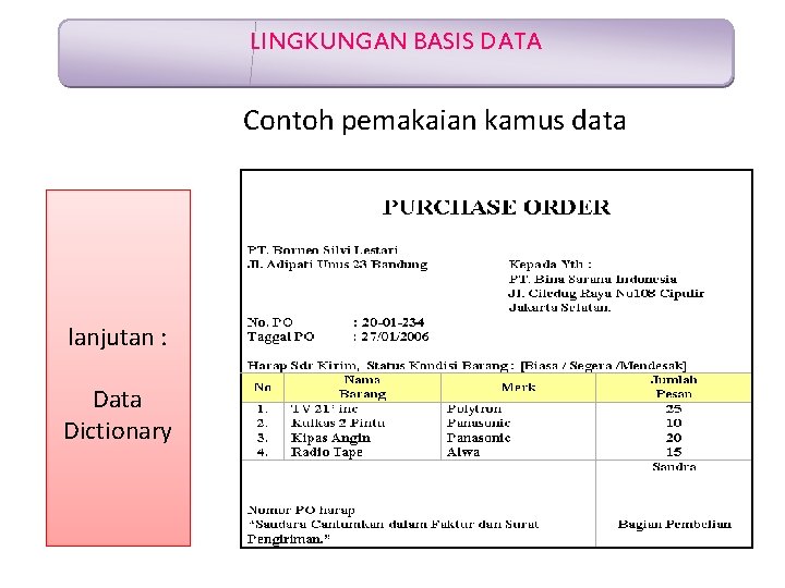 LINGKUNGAN BASIS DATA Contoh pemakaian kamus data lanjutan : Data Dictionary 