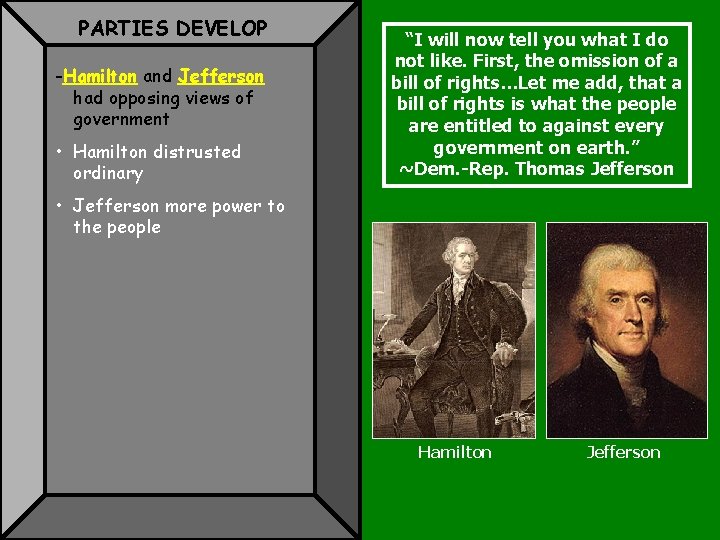 PARTIES DEVELOP -Hamilton and Jefferson had opposing views of government • Hamilton distrusted ordinary