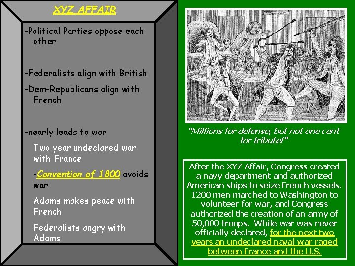 XYZ AFFAIR -Political Parties oppose each other -Federalists align with British -Dem-Republicans align with