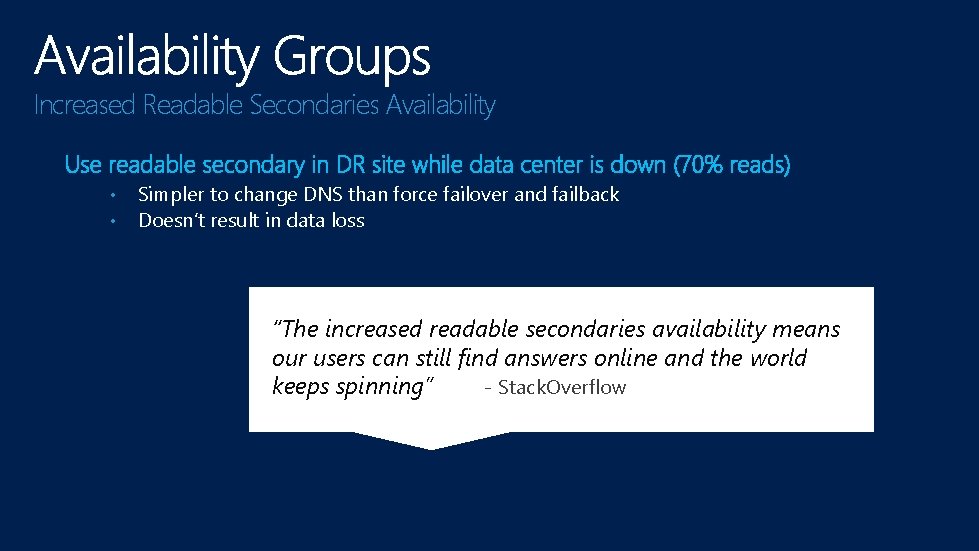 Increased Readable Secondaries Availability • • Simpler to change DNS than force failover and
