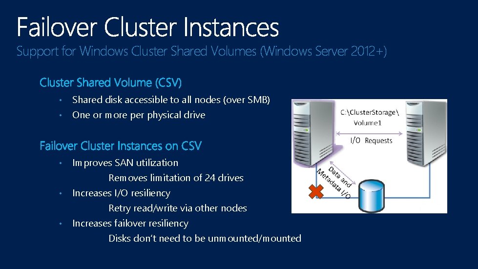 Support for Windows Cluster Shared Volumes (Windows Server 2012+) • Shared disk accessible to